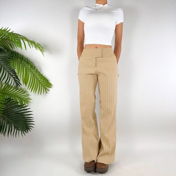 Women's Vintage Y2K Khaki Striped Classy Low Rise Bootcut Chino Dress Pants / 9 - Picture 5 of 7